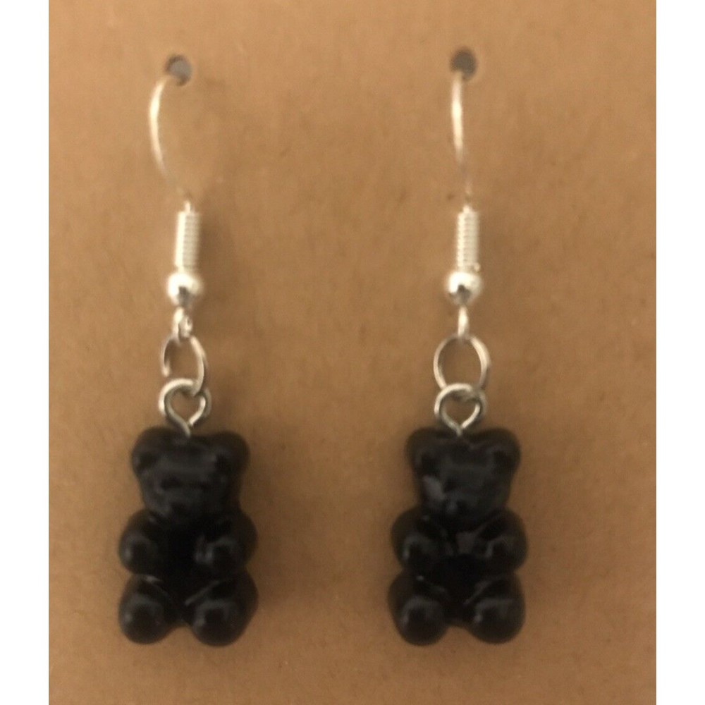 Black Resin Gummy Bear Silver Earrings Handmade USA
